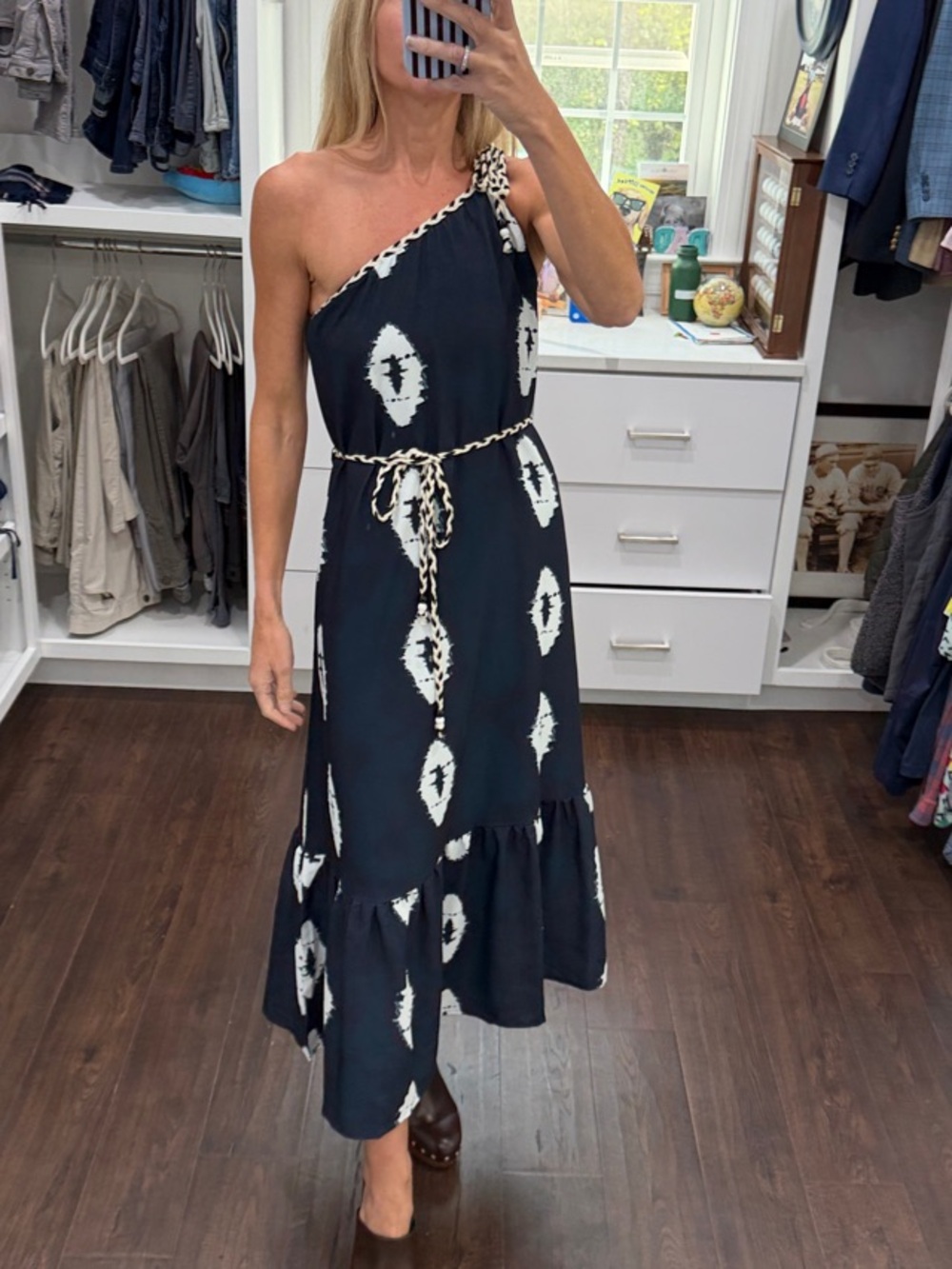 Amazon One-Shoulder Navy Maxi Dress with White Ikat Motif